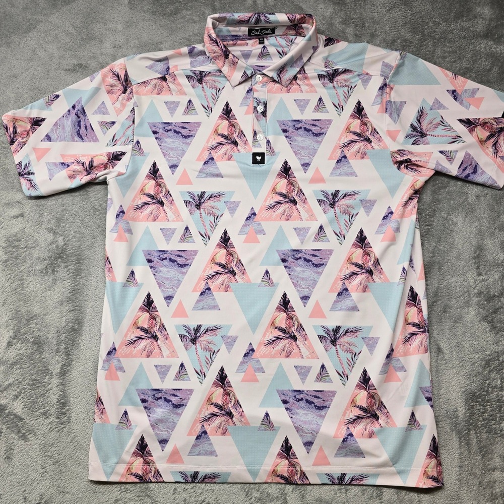 Bad Birdie Golf Polo Shirt Mens 2XL Geometric Palm Tree Tropical Print Pastel